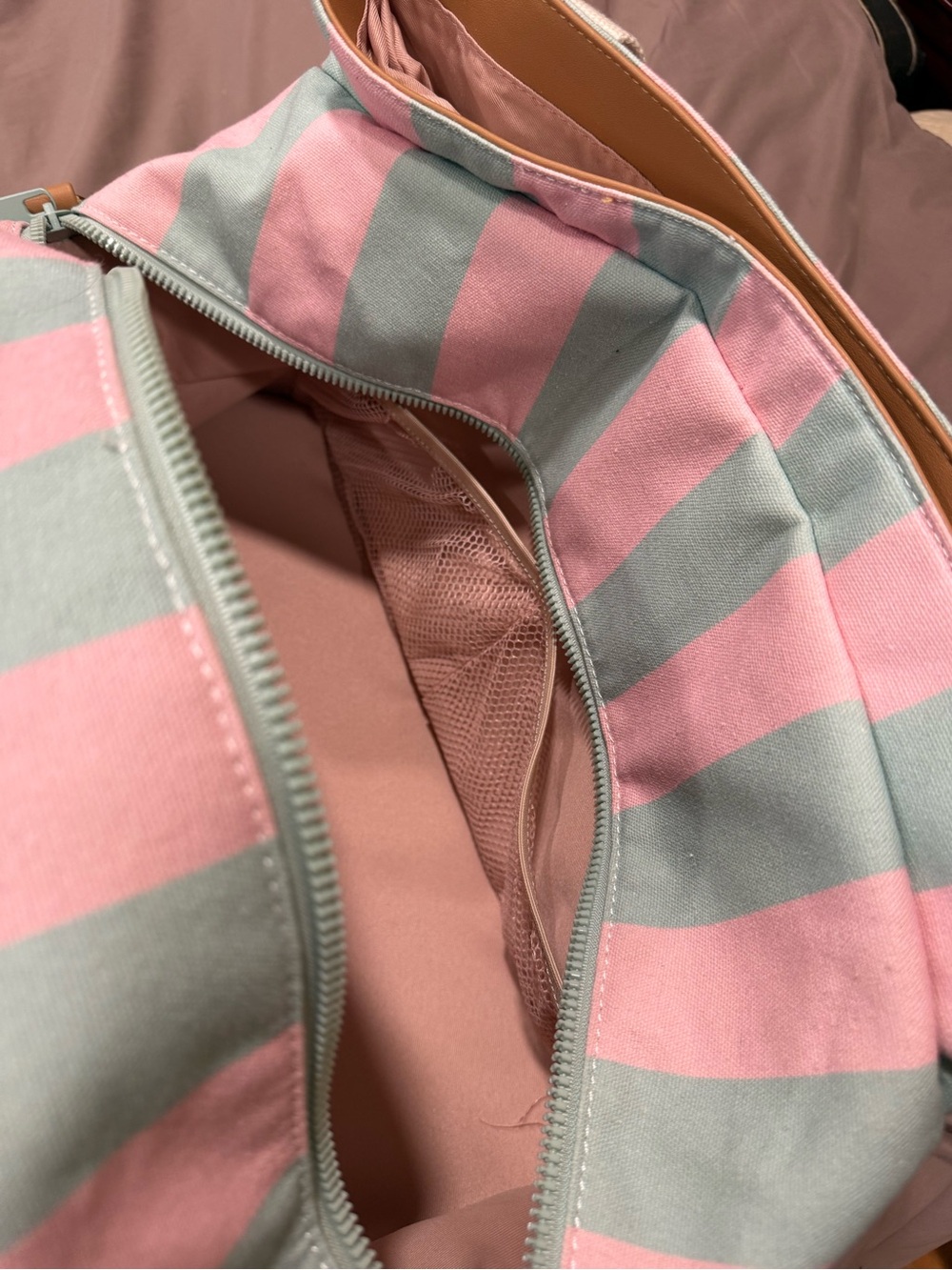 Poppy & Peonies Pink and Aqua Striped Canvas Tote with White Straps and Tan Trim - Picture 6 of 11